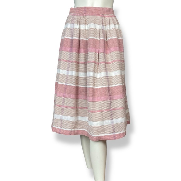 Vintage Dresses & Skirts - Vintage 80s Skirt Midi Stripes Pockets A-Line Pink White Retro Darts Gathered